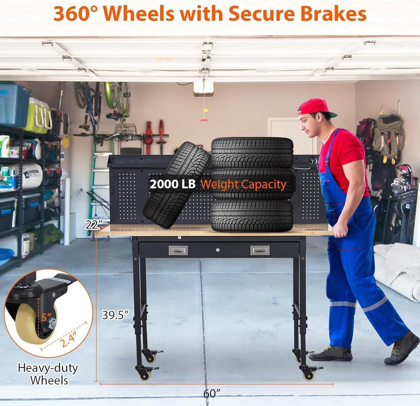 60-Inch Garage Workbench with Wheels, Adjustable Rubber Wood Top Garage Workbench with Pegboard & Drawer & Power Outlet, 2000 lbs Load Capacity, for Workshop, Woodworking, Office