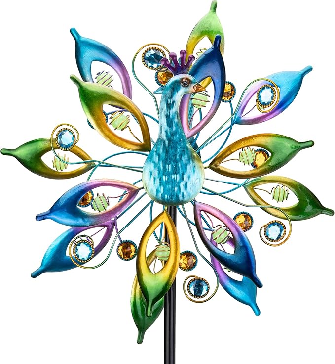 DREAMYSOUL 15.7" D*65”H Metal Peacock Wind Spinners Double Sided Kinetic Wind Sculptures Outdoor Metal Windmill for Garden Yard Decor
