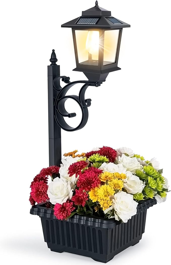 Outdoor Flower Pots 2 in 1, Outdoor Planter, Solar Lamp Post Lights Outdoor, Wall Mount or Freestanding Waterproof Solar Post Decorative Lamp for Lawn Patio Front/Back Door（Flowers not Included）