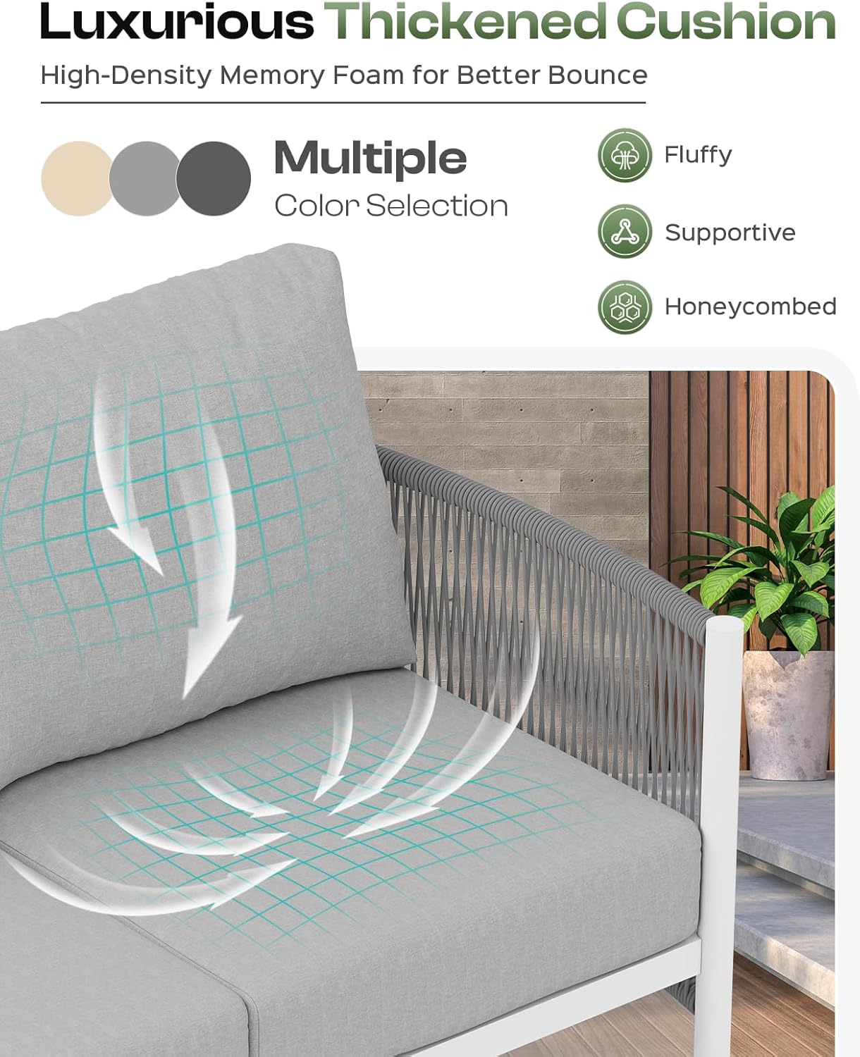 Aluminum Outdoor Patio Furniture Set, HDPE Rope 5 Piece Modern Sectional Conversation Sets with Dual-Layer Coffee Table, All Weather Patio Couch Sofa with Thick Cushions, White Frame, White