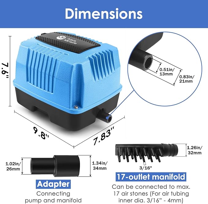 AquaMiracle Super Powerful Linear Air Pump AP-40/AP-60/AP-80 Pond Aerator, Septic Air Pump, Hydroponic Air Pump, Koi Pond Air Pump 635/950/1350GPH, for Waste Treatment, Fish Farm, Seafood Restaurant