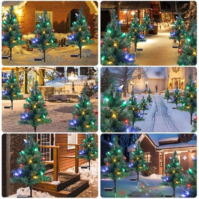 Solar Christmas Tree Lights Decorations - Outdoor Waterproof Xmas Pathway Stake With 20 Strawberry LED in 4 Colors for Garden/Patio/Lawn/Yard, Ornament 2 Packs