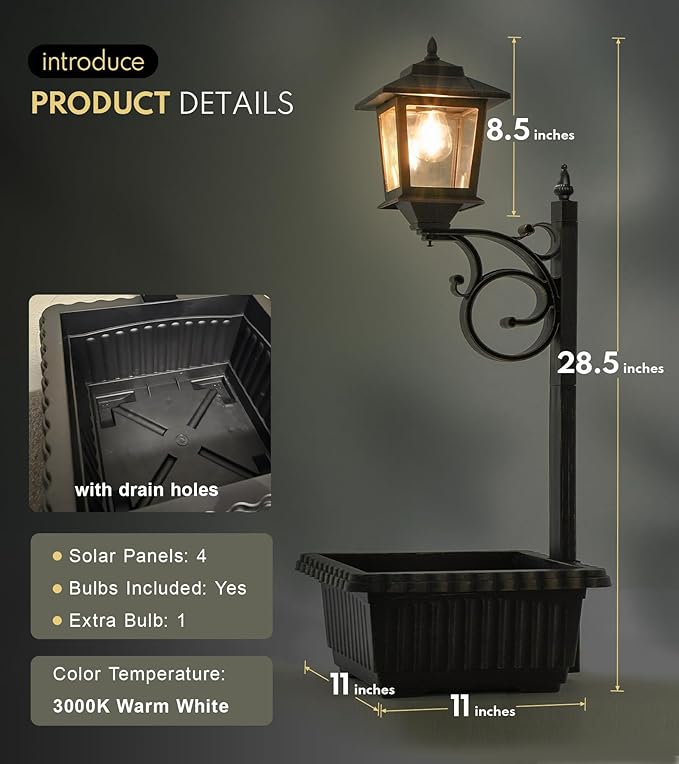 Outdoor Flower Pots 2 in 1, Outdoor Planter, Solar Lamp Post Lights Outdoor, Wall Mount or Freestanding Waterproof Solar Post Decorative Lamp for Lawn Patio Front/Back Door（Flowers not Included）