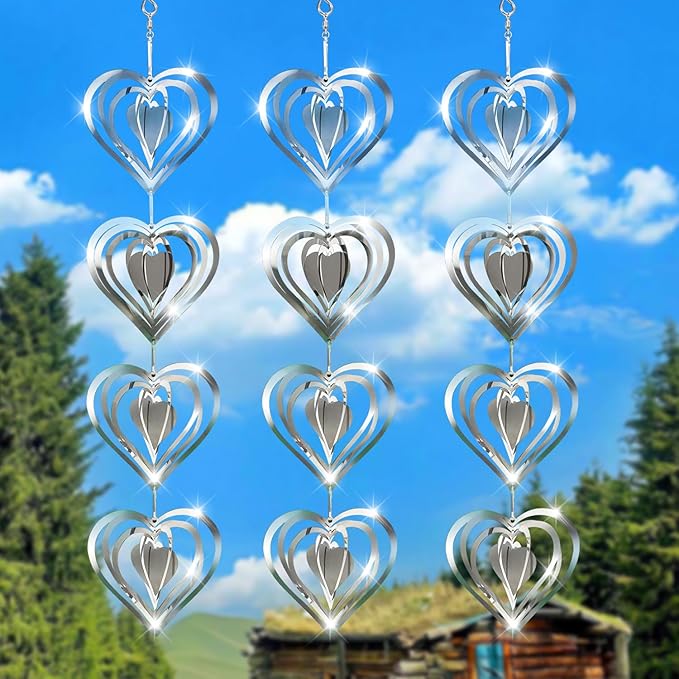 12 Metal Heart Bird Scarer Discs Set, Wind Spinners 3D Helix Reflector Stainless Steel Sparkly Outdoor Garden Decor, Scare Birds & Animals Away from Garden Yard Patio Lawn Farm Wind Sculpture Gifts