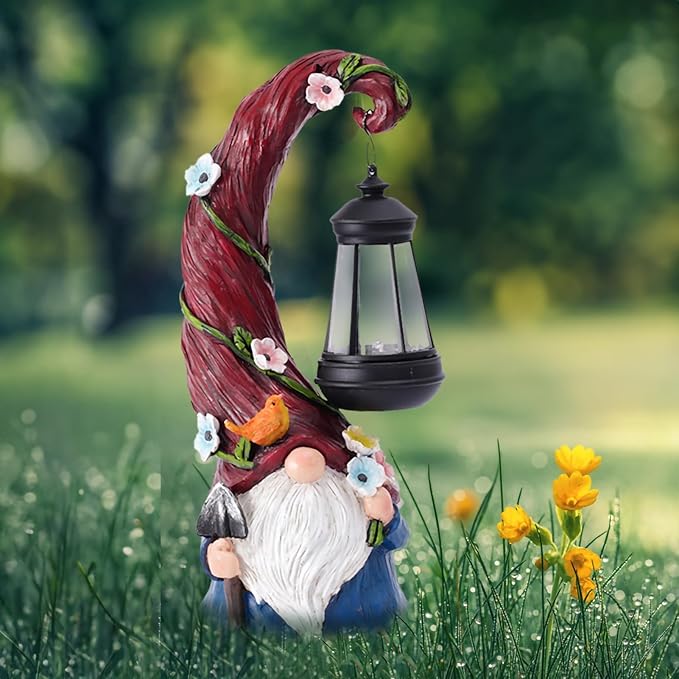 Gnome Garden Decor Statue Solar Gnomes Decorations for Yard with Lantern Light Outdoor Decorations for Patio Mom Gift