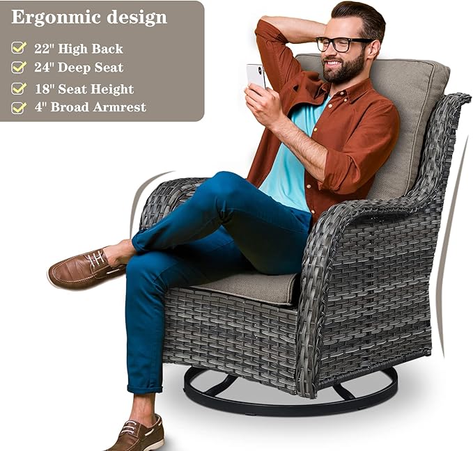 Outdoor Patio Furniture Set with Propane Fire Pit Table, 7 Pieces Wicker Patio Conversation Set with 2 Swivel Glider Rocker Chair Rattan Sofa Grey Cushion Perfect for Casual Gathering