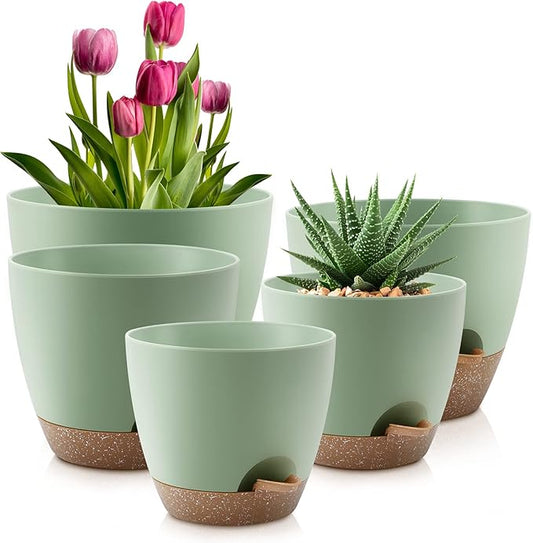 Plant Pots 10/9/8/7.5/7 Inch Self Watering Pots, Set of 5 Plastic Planters with Drainage Holes and Saucers,Plastic Flower Pots,Nursery Planting Pot for Indoor Out Door Plants（Green）