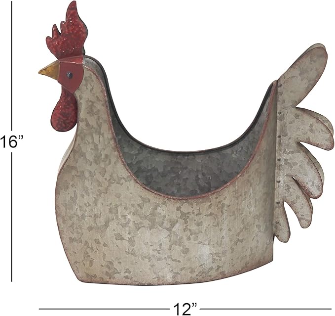 Deco 79 Metal Rooster Indoor Outdoor Planter Large Planter Pot, Planter 12" x 8" x 16", Gray