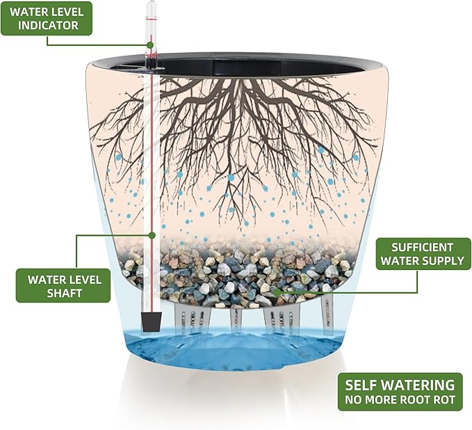 Dexceder 13x12 Self Watering Planter with Wheels Indoor Outdoor, Inner Pot Design, Thickened Large Floor Standing Flower Plant Pot with Water Level Indicator (Grayish Green Gradient)