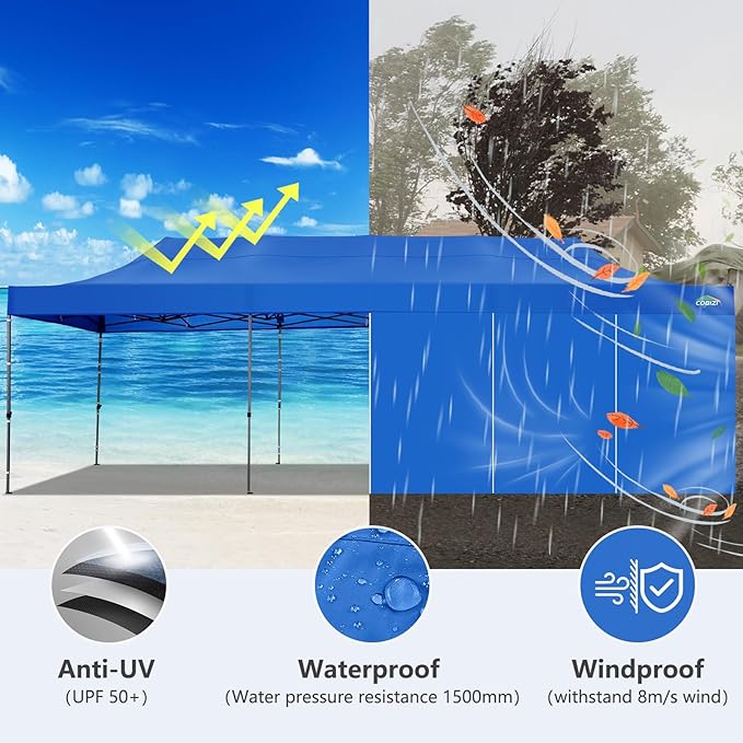 COBIZI 10x30 Pop up Canopy Tent 10x30 Canopy with Sidewalls, Heavy Duty Party Tent Tents for Parties, Foldable UPF 50+ Waterproof Commercial Easy up Canopy with Wheeled Bag, Blue(Frame Upgraded)