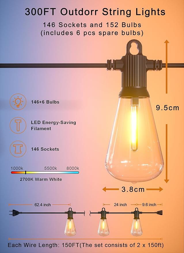 Outdoor String Lights Waterproof, 300FT Patio Lights with 146 Shatterproof ST38 Globe Bulbs(6 Spare), Connectable Dimmable LED Hanging String Lights for Outside Backyard Porch Balcony(150FT x 2)