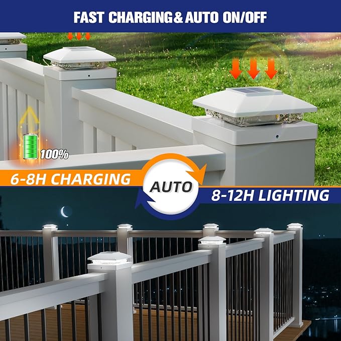 APONUO Solar Post Cap Lights for 4x4 Wood & Vinyl Posts, IP44 Waterproof Cool White LED 4x4 Post Solar Lights, Outdoor Garden Patio Yard Decor, 12 Pack (White)