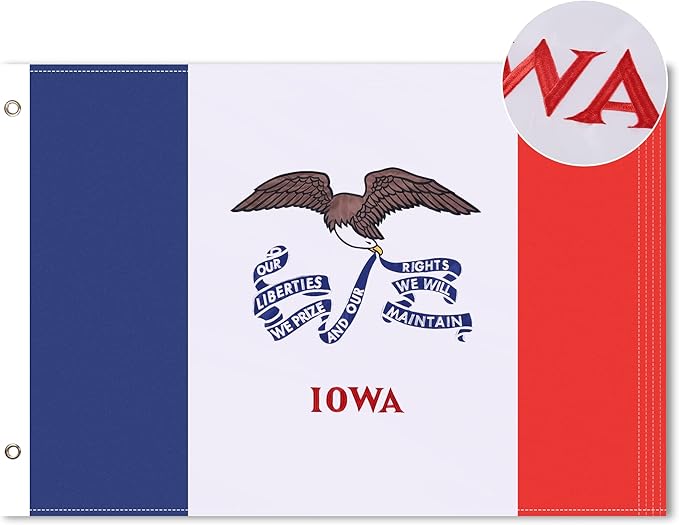 Iowa State Flag 4x6 Ft, Deluxe Full Embroidered Heavy Duty Nylon Durable IA Outside Flags, Indoor/Outdoor, Sewn Stripes and Brass Grommets