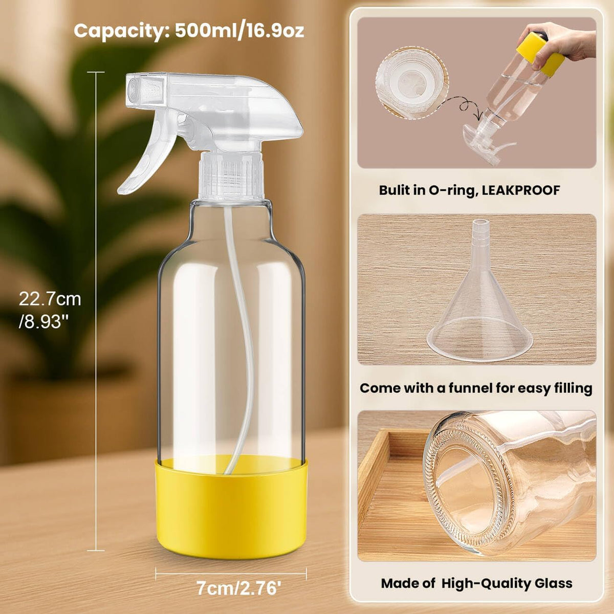 Glass Spray Bottles with Silicone Sleeve 16.9oz 2 Pack Empty Spray Bottle for Hair Mist/Stream Spraying for Cleaning Solutions, Plants, Essential Oils (clear-white&yellow)