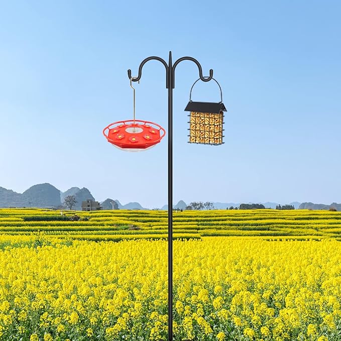 FEED GARDEN Adjustable Double Shepherds Hook for Outdoor with 5 Prong Base 63 Inch Heavy Duty Two Sided Bird Feeder Pole for Hanging Plant Baskets, Solar Light Lanterns, Wind Chimes 2 Pack