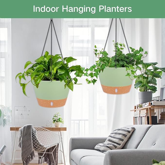 QCQHDU 2 Pack 8 inch Hanging Planters for Indoor Plants, Outdoor Hanging Baskets, Self Watering Pots with Drainage Holes & Removable Tray (Green, 8 inch)