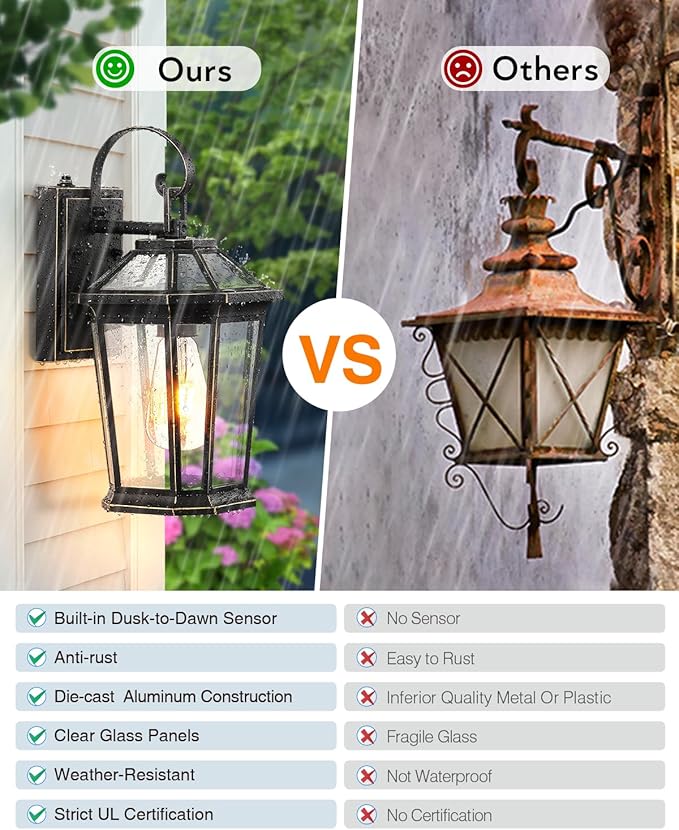VIANIS Dusk to Dawn Outdoor Wall Lighting, Black Waterproof Exterior Lighting Fixtures for House, 100% Anti-Rust Aluminum Modern Outside Coach Light Fixture Wall Mount for Porch, Garage, Front Door