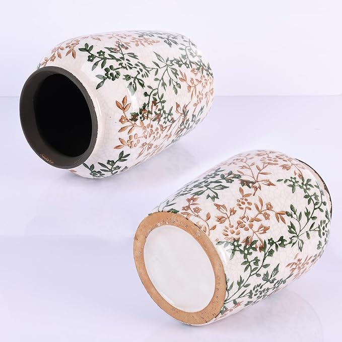 Vintage Vase for Flowers,Green Chinoiserie Ceramic Vase,Rustic Farmhouse Cracked Vases,for Flower Arrangement,Living Room, Office, Shelf, Fireplace Tables,Centerpieces,Chinoiserie Pottery Decor(D)