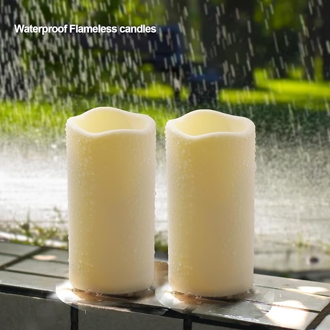 Flickering Flameless LED Candles with 10-Key Remote & Timer, Waterproof Outdoor Indoor f Battery Operated Candles for Home/Wedding/Festival Décor Set of 9 (D3 x H5.5) Ivory