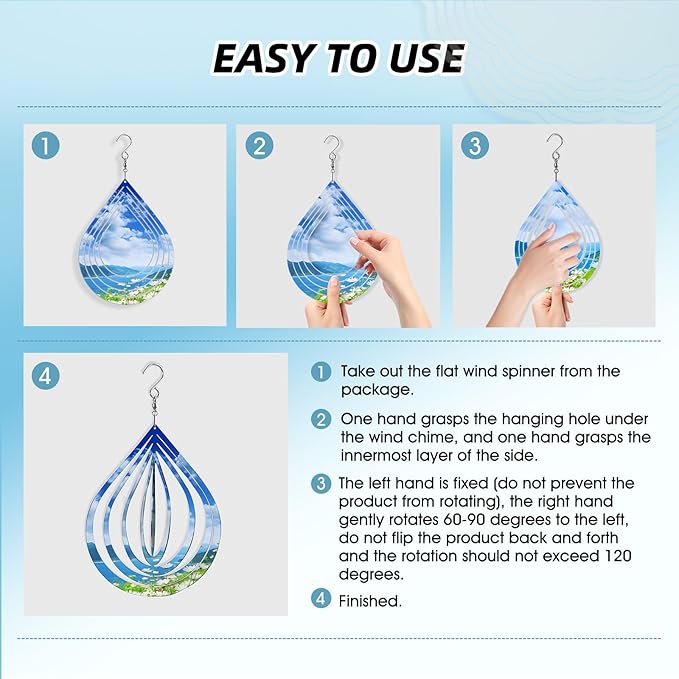 Sublimation Wind Spinner Blanks 8 Inch 4 Pack Wind Spinners Sublimation Blanks with Crystal Pendant Aluminum Metal Wind Spinners for Yard Garden Indoor Outdoor Window Porch Decoration（Waterdrop