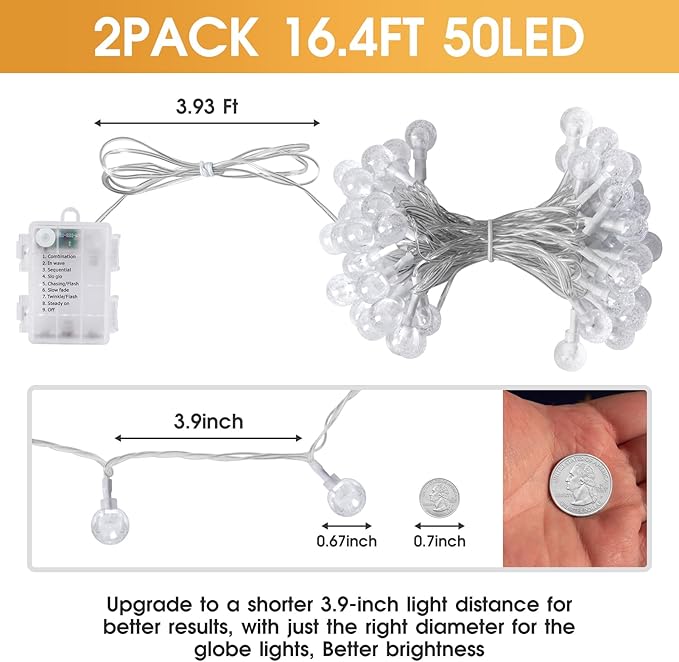 2 Pack Globe String Lights Indoor Bedroom Battery Operated, 16.4ft 50LED Crystal Fairy Light IP44 Waterproof Outdoor Hanging Decorative Lights for Home Tent Patio Garden Party Decor