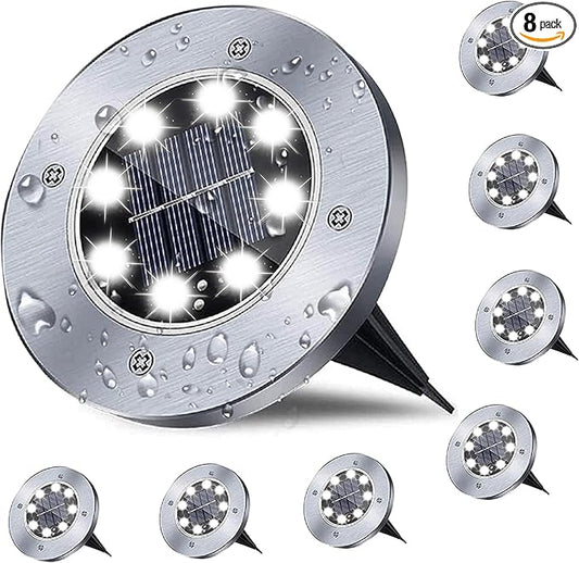 Solar Ground Lights, Waterproof Solar Garden Lights, Upgraded Outdoor Garden Waterproof Bright in-Ground Lights, Landscape Lights for Pathway,Yard,Deck,Lawn,Patio,Walkway (8 Pack White Light)