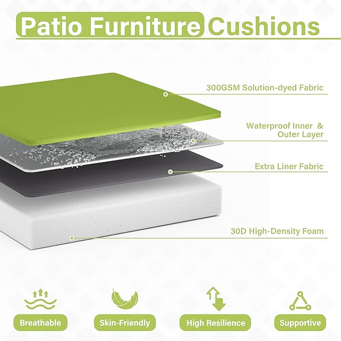 Patio Chair Cushions 17 X 16 X 3 Inch Waterproof Outdoor Seat Cushions for Patio Furniture, Outdoor Sofa Couch Pads with Ties & Handle, Set of 2, Grass Green