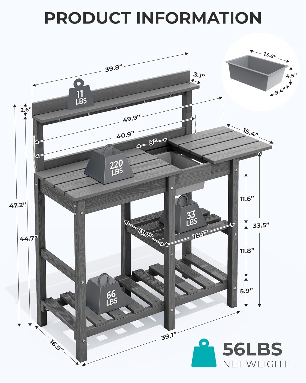 SERWALL Potting Bench Set of 2 Outdoor Potting Table with Sink, HDPE Potting Benches for Outside Gardening Table All Weather Use- Gray