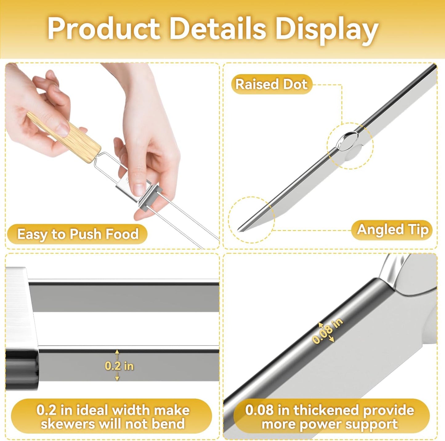 Skewers for Grilling, 17" (10 Pcs) Wooden Handle Double Pronged Stainless Steel Flat Kabob Skewers with Push Bar, Reusable Long Metal Skewer Sticks for Meat Chicken Vegetable, BBQ Accessories