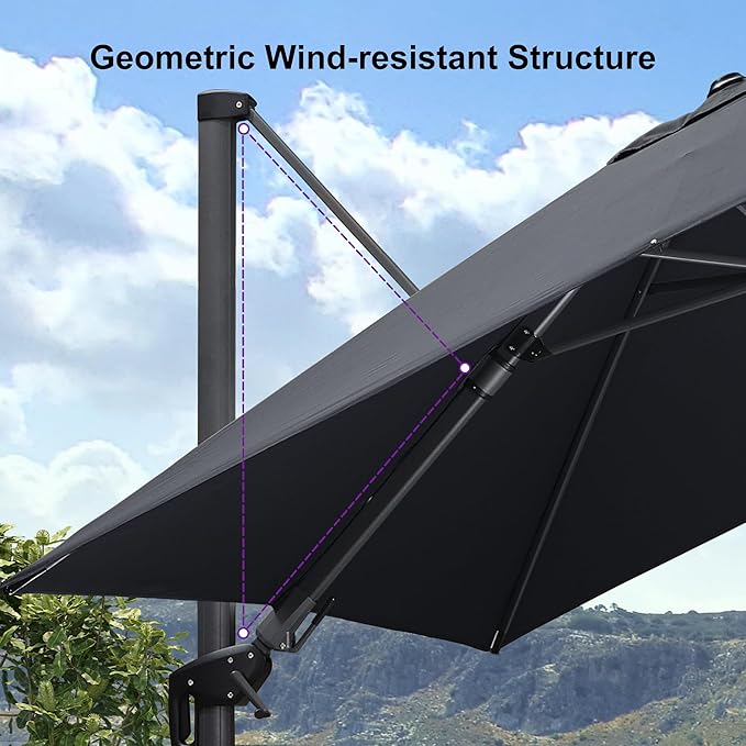 PURPLE LEAF 8.2' X 11.5' Tilting Patio Umbrella with Base Outdoor Cantilever Swivel Rectangle Umbrella Aluminum Offset Umbrella with 360-degree Rotation for Garden Deck Pool Patio Grey