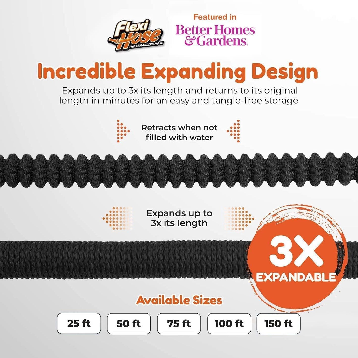 Flexi Hose PLUS with 8 Function Nozzle Expandable Garden Hose, Lightweight & No-Kink Flexible Garden Hose, 3/4 inch Solid Brass Fittings and Double Latex Core, 150 ft Black