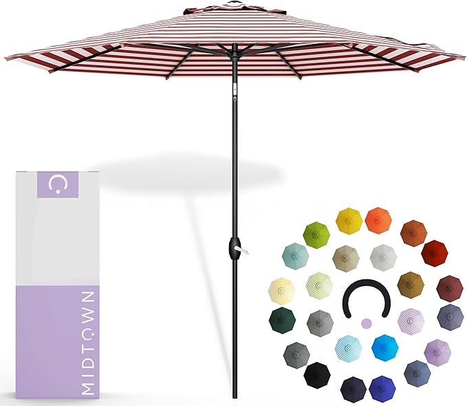 MIDTOWN UMBRELLAS The Lean 9 Feet Outdoor Umbrella With Terylast Red Stripes (Red/White Stripes) Polyester Fabric - 8 Ribs Aluminum Frame Patio Umbrella With Zinc Alloy Crank Lift And Auto-Tilt System