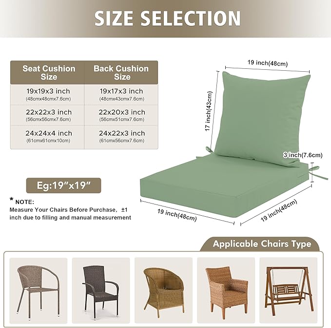 Outdoor Chair Cushions, Waterproof Outdoor Cushions for Patio Furniture w/Fade-Resistant, Removable & Machine-Washable Covers, 19x19 Inch, Ideal for Seat in Gardens/Porch – Set of 4, Sage Green