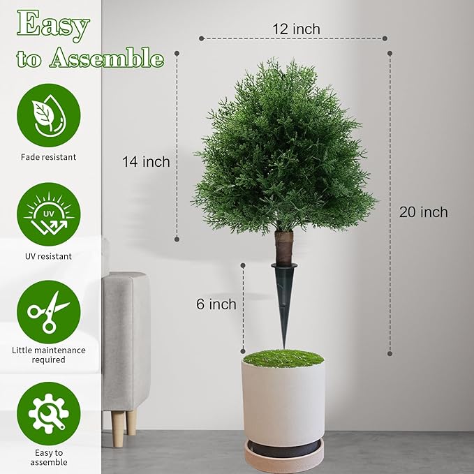 Artificial Cedar Topiary Ball Trees with Ground Spike, 20" UV Resistant Artificial Shrubs, Fake Evergreen Artificial Plant Brush for Indoor Outdoor Front Porch Garden, 1 Pack