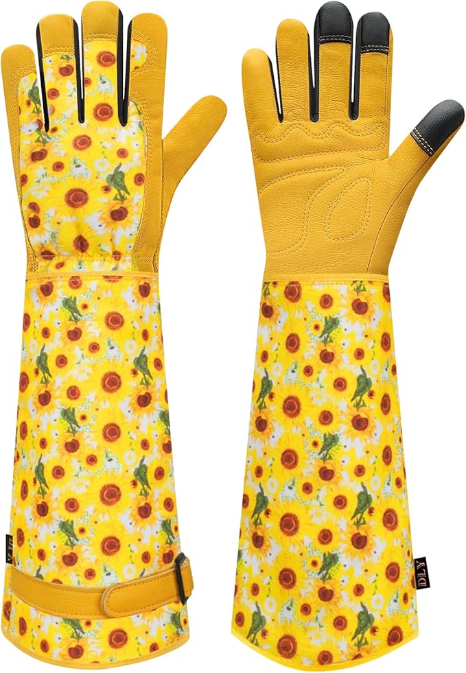 DLY Gardening Gloves for Women, Rose Gloves Gardening Thorn Proof, Long Garden Gloves for Women, Breathable Cowhide Leather Gauntlet (Medium, Yellow
