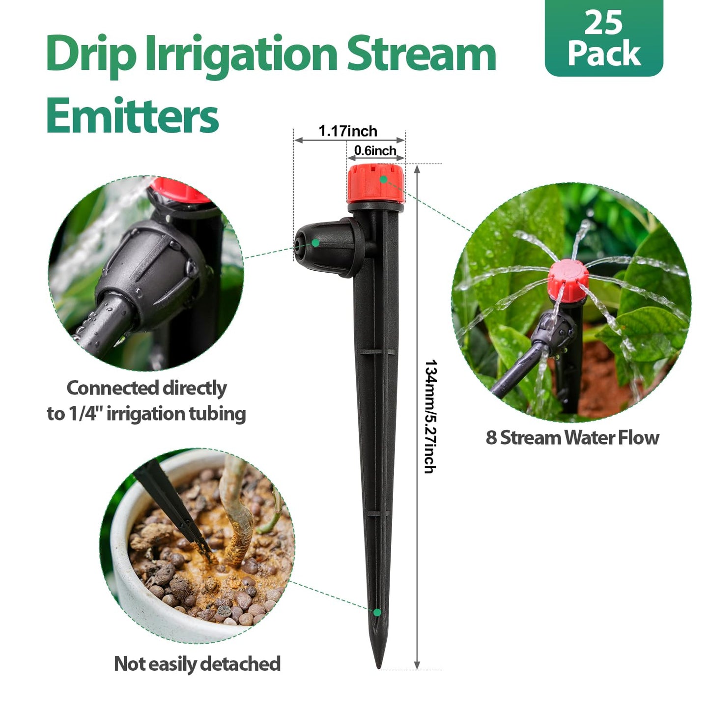 25 Pieces Drip Emitters for 1/4" Drip Irrigation Tubing, Adjustable 360 Degree Stream Drip Emitters with Stake 360° Full Circle 8 Hole Stream Emitters Garden Irrigation Micro Drippers