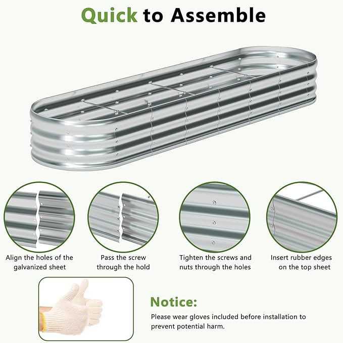zizin Galvanized Raised Garden Bed Metal Oval Raised Garden Beds Outdoor Planter Box for Vegetables (9x3x1.3FT, Silver)