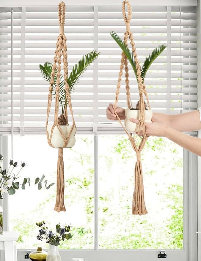 2Pcs Macrame Plant Hangers Indoor & Outdoor (27.56”) Boho Hanging Planters for Indoor Plants, Macrame Wall Hanging Decor for Flower Pots & Baskets (Pots Not Included)