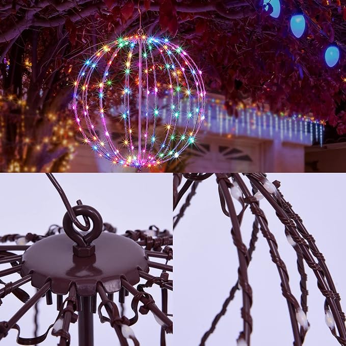 Christmas Ball Sphere, 16IN 128LED Hanging Tree and Pathway Light With Hook and Stake, Foldable Metal Frame Ball for Outdoor Garden, UL Listed, Brown Frame, RGB