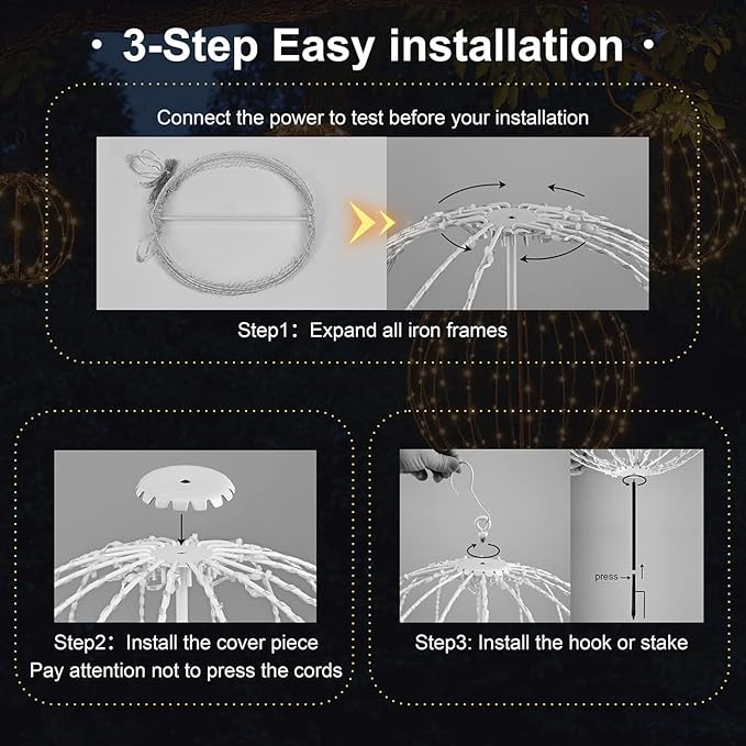 Christmas Ball Light Sphere, 16IN 128LED Hanging Tree Light and Pathway Lights with Hook and Stake, Foldable Metal Frame Light Ball for Outdoor Garden, UL Listed, White Frame, Warm White