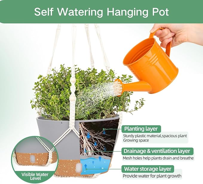 QCQHDU 2 Pack Hanging Planters for Indoor Plants, Outdoor Hanging Baskets, Self Watering Pots with Drainage Holes & Removable Tray (Light Grey, 10 inch, Macrame Hanger)