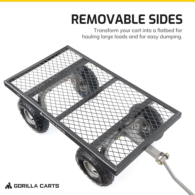 Gorilla Carts Steel Utility Cart, 4 Cu Ft Bed, 800 lb Load Capacity, Black – Heavy-Duty Outdoor Hauling Wagon with Removable Side Panels for Yard, Lawn, Garden or Landscaping