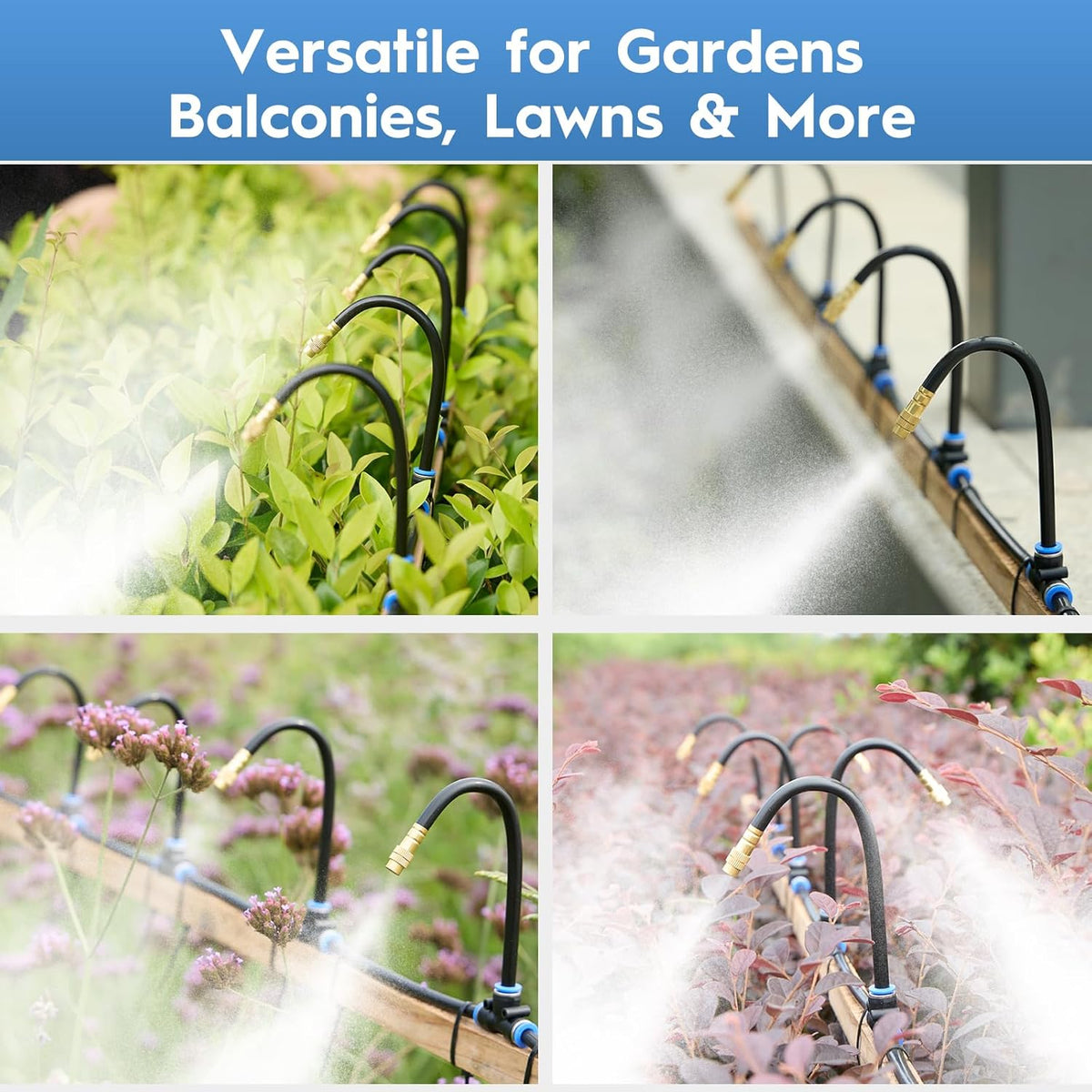 360° Automatic Drip Irrigation Kit - 5/16'' Tubing, Adjustable Universal Spray Nozzle, Copper Atomizing System for Garden/Lawn/Greenhouse - Multi-Directional Rotation, Quick Connectors, 100FT