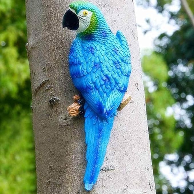 12inch Blue Parrot Tiki Bar Statue for Pool Decorations, Outdoor Parrot Deck Decor, Resin Plastic Parrot Sculpture for Porch, Life Size Tropical Birds for Yard, Tree Faces Animals(Blue)