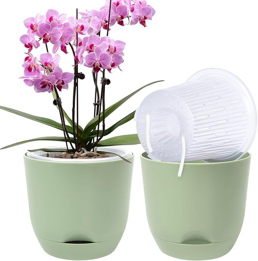 QCQHDU 2 Pack Orchid Pots with Holes for Repotting, Double-Layer and Self Watering Orchid Pot with Good Air Circulation