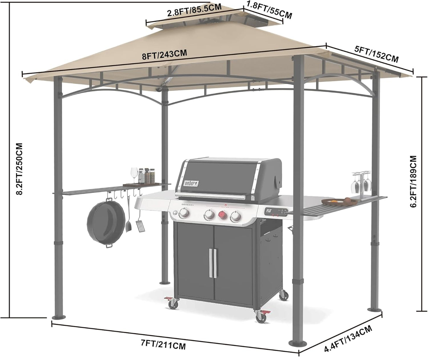 MASTERCANOPY 8 x 5 Grill Gazebo Outdoor BBQ Gazebo Canopy with 2 LED Lights (Khaki)