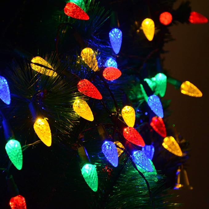 Solar Christmas Lights Outdoor C6 Strawberry String Lights, LED Christmas Fairy Lights 50 LEDs Solar Operated Rechargeable Garden Lights for Christmas Tree, Holiday, Arbor Decor(Multicolor, 8 Modes)
