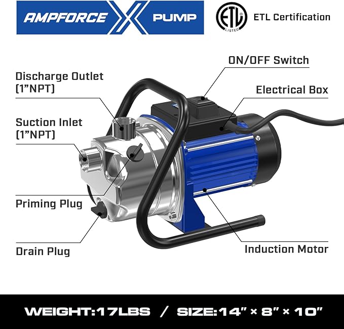 110V Electric Shallow Well Pump, 1.5HP 1532GPH 152FT Water Transfer Pump, Portable Stainless Steel Sprinkler Booster Jet Water Pumps for Garden Lawn Irrigation System