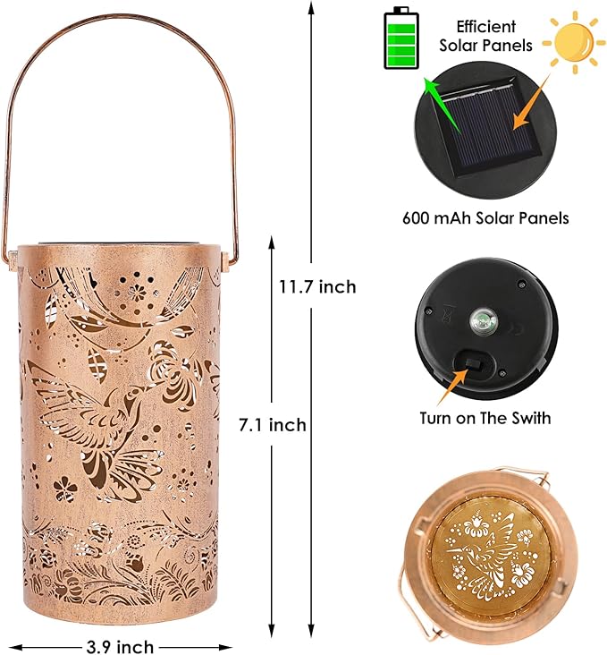 Fabuday Hummingbird Outdoor Solar Lantern Waterproof - Hanging Solar Power Lights Led for Outside, Garden Decor for Patio, Porch, Balcony, Yard and Deck, Gardening Decorations Gifts for Women Mom