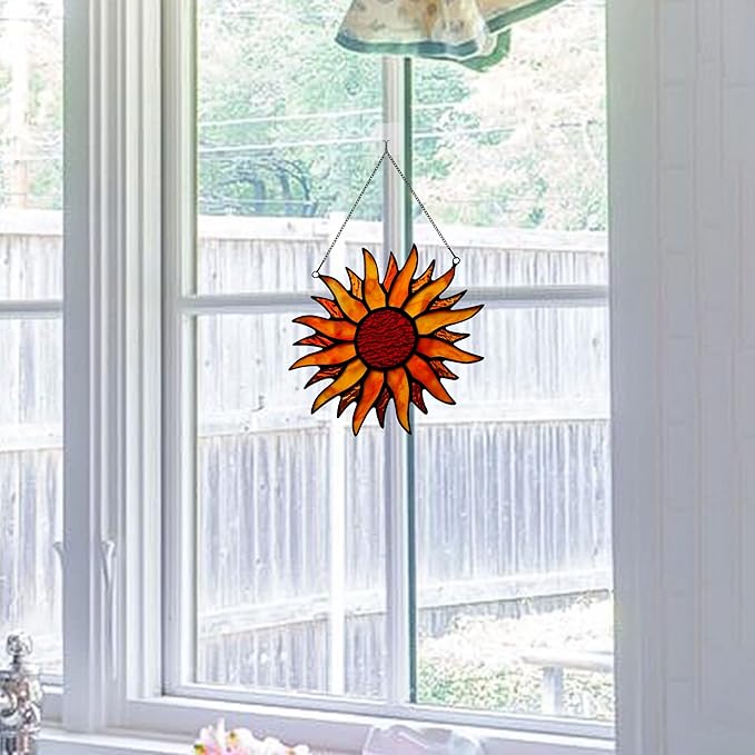 BOXCASA Sun Stained Glass Window Hangings,Tiffany Style Red Sun Suncatcher,Handcrafted Stained Glass Sun Decor for Window,Home Decorations for Window Living Room Bedroom Balcony Kitchen